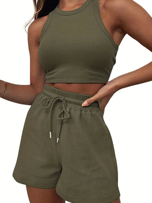 2-Piece Women's Casual Sportswear Set - Comfy Ribbed-Knit Crop Top & Adjustable Drawstring Shorts - Versatile Sleeveless Outfit for Outdoor Activities