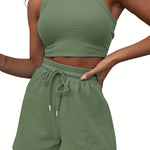 2-Piece Women's Casual Sportswear Set - Comfy Ribbed-Knit Crop Top & Adjustable Drawstring Shorts - Versatile Sleeveless Outfit for Outdoor Activities
