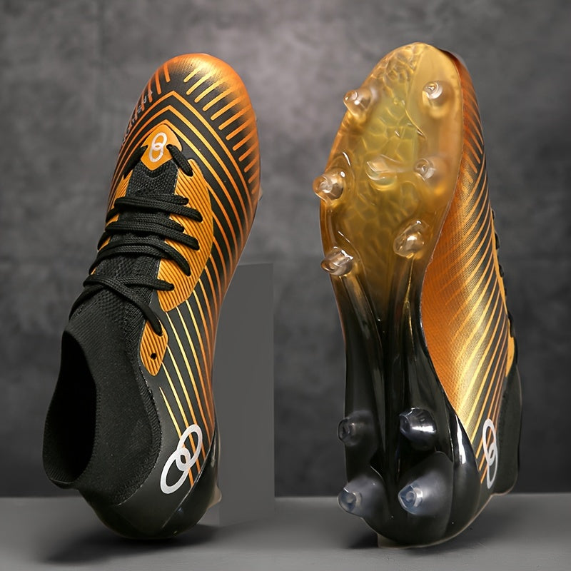 Men's Trendy Striped AG Soccer Shoe With Collar, Non Slip Comfy Football Training Shoes For Outdoor Competition, All Seasons