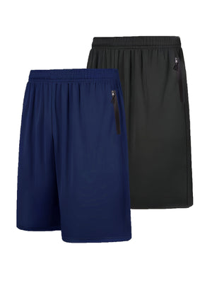 Quick Dry 2pcs Men's Athletic Shorts - Elastic Waistband with Zip Pockets - Basketball Football Activewear
