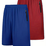 Quick Dry 2pcs Men's Athletic Shorts - Elastic Waistband with Zip Pockets - Basketball Football Activewear