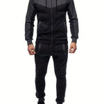 Two-Piece Color Block Men's Casual Sportswear Hoodie Set, Zip-Up Drawstring Jogging Suit For All Seasons