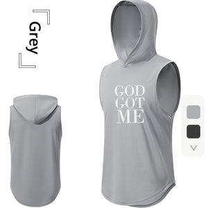 GOD GOT ME Print, Men's Quick-drying Breathable Sports Hooded Tanktop, Casual Light Loose Sleeveless Shirt For Gym Training Running Basketball