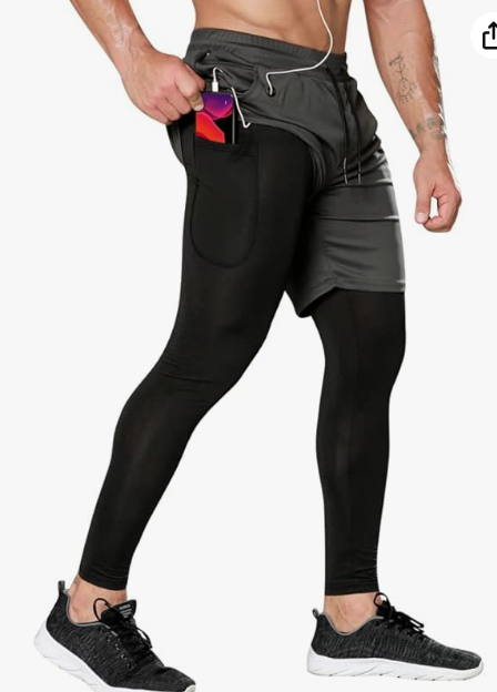 Pantalones de correr para hombre con bolsillos, pantalones de compresión 2 en 1 con pantalones cortos, mallas atléticas de secado rápido