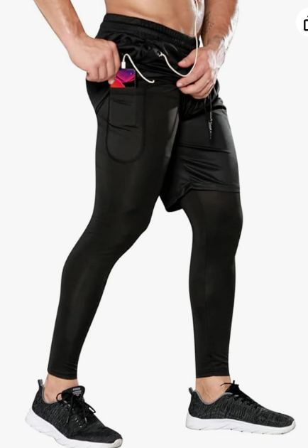 Pantalones de correr para hombre con bolsillos, pantalones de compresión 2 en 1 con pantalones cortos, mallas atléticas de secado rápido