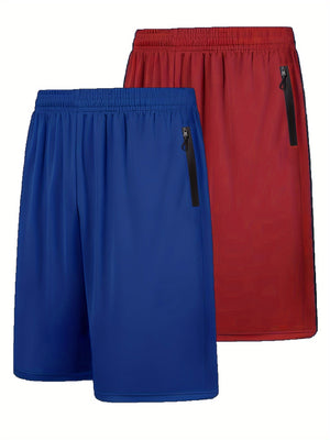 Quick Dry 2pcs Men's Athletic Shorts - Elastic Waistband with Zip Pockets - Basketball Football Activewear
