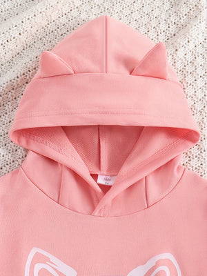 Girls' Letter and Cat Print Hoodie Sweatshirt Set, Spring/Autumn Casual Sportswear Two-Piece for Kids (Medium/Large), Perfect for Outdoor