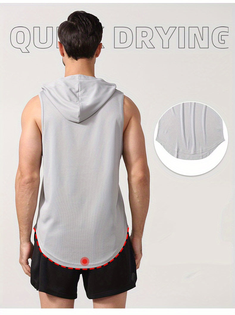 GOD GOT ME Print, Men's Quick-drying Breathable Sports Hooded Tanktop, Casual Light Loose Sleeveless Shirt For Gym Training Running Basketball