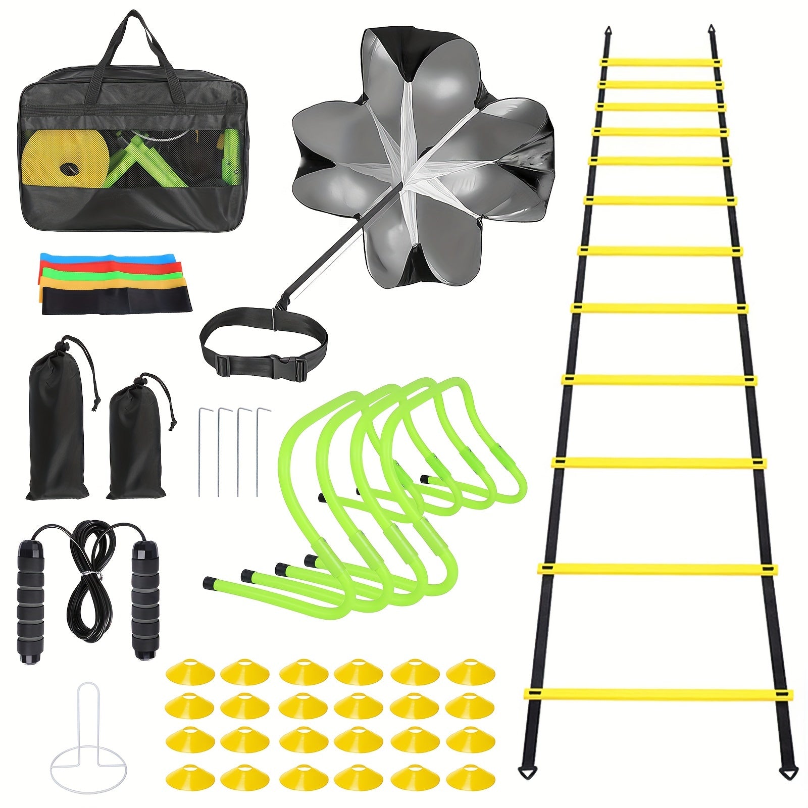 42pcs Agility Ladder Football Training Equipment Set Include 4 Agility Hurdles 24 Cones Running Parachute 12ft Ladder