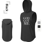 GOD GOT ME Print, Men's Quick-drying Breathable Sports Hooded Tanktop, Casual Light Loose Sleeveless Shirt For Gym Training Running Basketball