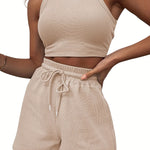 2-Piece Women's Casual Sportswear Set - Comfy Ribbed-Knit Crop Top & Adjustable Drawstring Shorts - Versatile Sleeveless Outfit for Outdoor Activities
