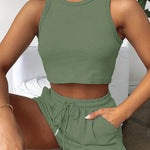 2-Piece Women's Casual Sportswear Set - Comfy Ribbed-Knit Crop Top & Adjustable Drawstring Shorts - Versatile Sleeveless Outfit for Outdoor Activities