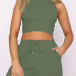 2-Piece Women's Casual Sportswear Set - Comfy Ribbed-Knit Crop Top & Adjustable Drawstring Shorts - Versatile Sleeveless Outfit for Outdoor Activities