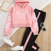 Girls' Letter and Cat Print Hoodie Sweatshirt Set, Spring/Autumn Casual Sportswear Two-Piece for Kids (Medium/Large), Perfect for Outdoor