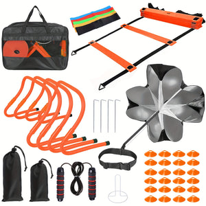 42pcs Agility Ladder Football Training Equipment Set Include 4 Agility Hurdles 24 Cones Running Parachute 12ft Ladder