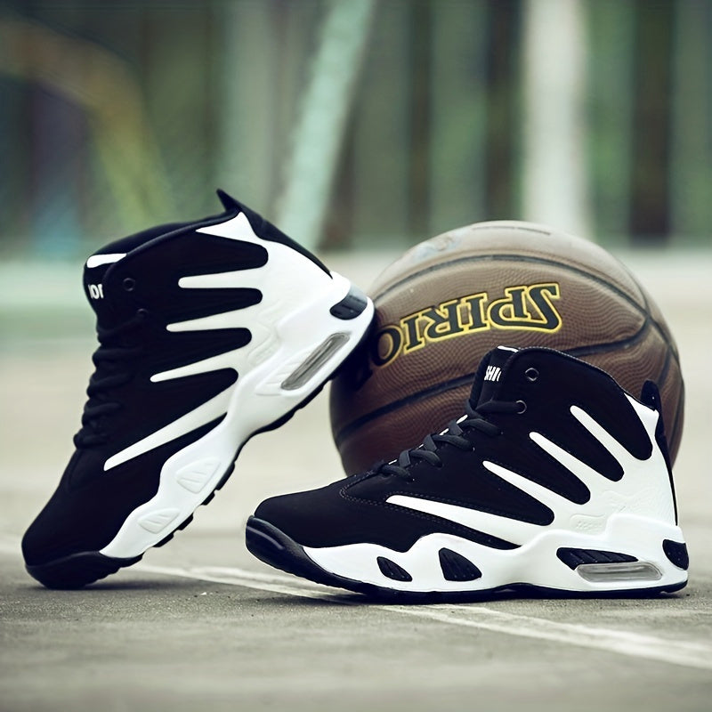 Men's Professional Basketball Shoes, Comfy High Top Breathable Non Slip Shock Absorption Lace Up Air Cushion Sneakers For Training Running Walking