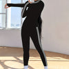 Women's 2-Piece Athletic Set, High Elasticity Slim Fit Sportswear, Long Sleeve Stand Collar Thumb Hole Striped Jacket & Joggers, Fitness Tracksuit Set Fall & Winter