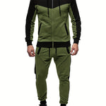 Two-Piece Color Block Men's Casual Sportswear Hoodie Set, Zip-Up Drawstring Jogging Suit For All Seasons