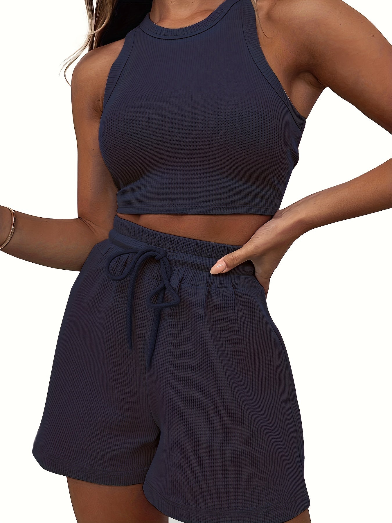 2-Piece Women's Casual Sportswear Set - Comfy Ribbed-Knit Crop Top & Adjustable Drawstring Shorts - Versatile Sleeveless Outfit for Outdoor Activities