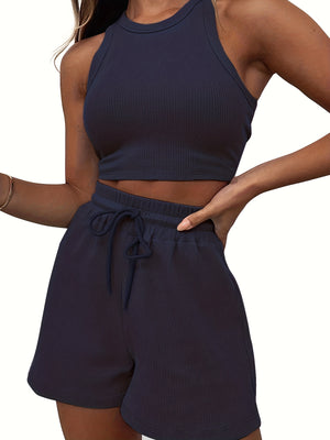 2-Piece Women's Casual Sportswear Set - Comfy Ribbed-Knit Crop Top & Adjustable Drawstring Shorts - Versatile Sleeveless Outfit for Outdoor Activities