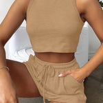 2-Piece Women's Casual Sportswear Set - Comfy Ribbed-Knit Crop Top & Adjustable Drawstring Shorts - Versatile Sleeveless Outfit for Outdoor Activities