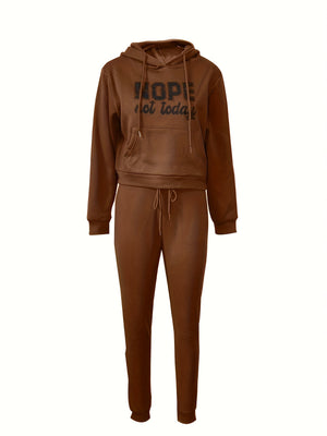 Womens Fashionable Athleisure Set - Letter Print Hoodie with Kangaroo Pocket & Drawstring Pants - Casual, Comfortable Sportswear Outfit for Everyday Style