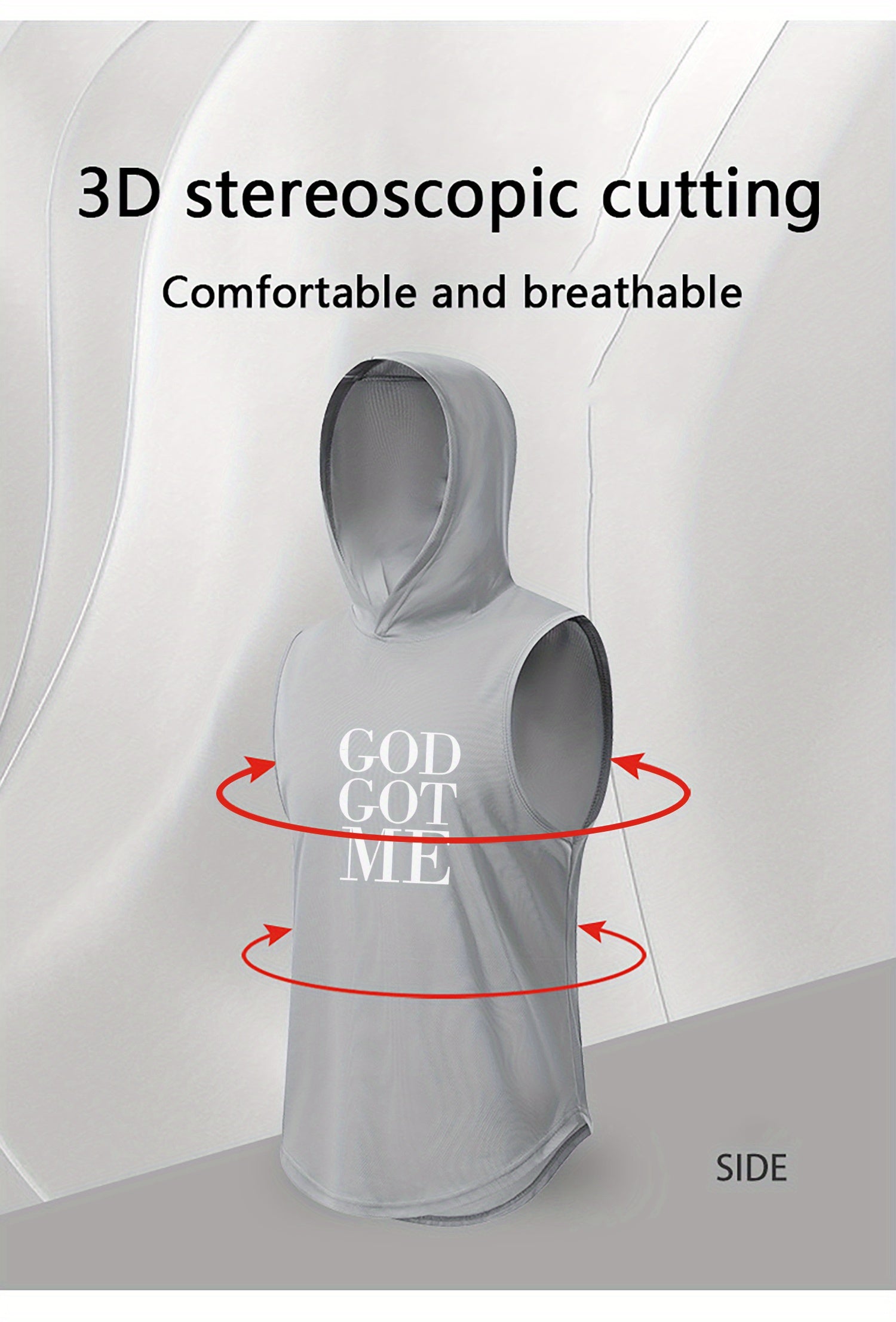 GOD GOT ME Print, Men's Quick-drying Breathable Sports Hooded Tanktop, Casual Light Loose Sleeveless Shirt For Gym Training Running Basketball