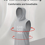 GOD GOT ME Print, Men's Quick-drying Breathable Sports Hooded Tanktop, Casual Light Loose Sleeveless Shirt For Gym Training Running Basketball