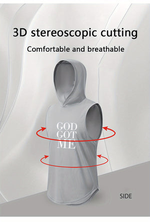 GOD GOT ME Print, Men's Quick-drying Breathable Sports Hooded Tanktop, Casual Light Loose Sleeveless Shirt For Gym Training Running Basketball