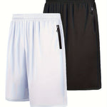 Quick Dry 2pcs Men's Athletic Shorts - Elastic Waistband with Zip Pockets - Basketball Football Activewear