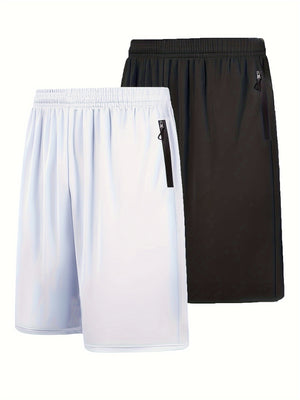 Quick Dry 2pcs Men's Athletic Shorts - Elastic Waistband with Zip Pockets - Basketball Football Activewear