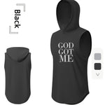 GOD GOT ME Print, Men's Quick-drying Breathable Sports Hooded Tanktop, Casual Light Loose Sleeveless Shirt For Gym Training Running Basketball