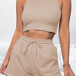 2-Piece Women's Casual Sportswear Set - Comfy Ribbed-Knit Crop Top & Adjustable Drawstring Shorts - Versatile Sleeveless Outfit for Outdoor Activities
