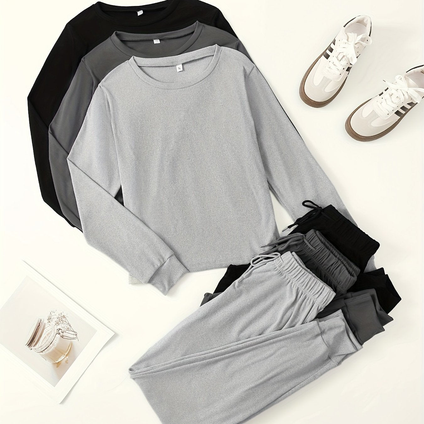 3 Sets Of Women's Activewear Tracksuits, Velvet Fabric, Long Sleeve Tops And Drawstring Pants, Casual Sportswear, Multiple Colors