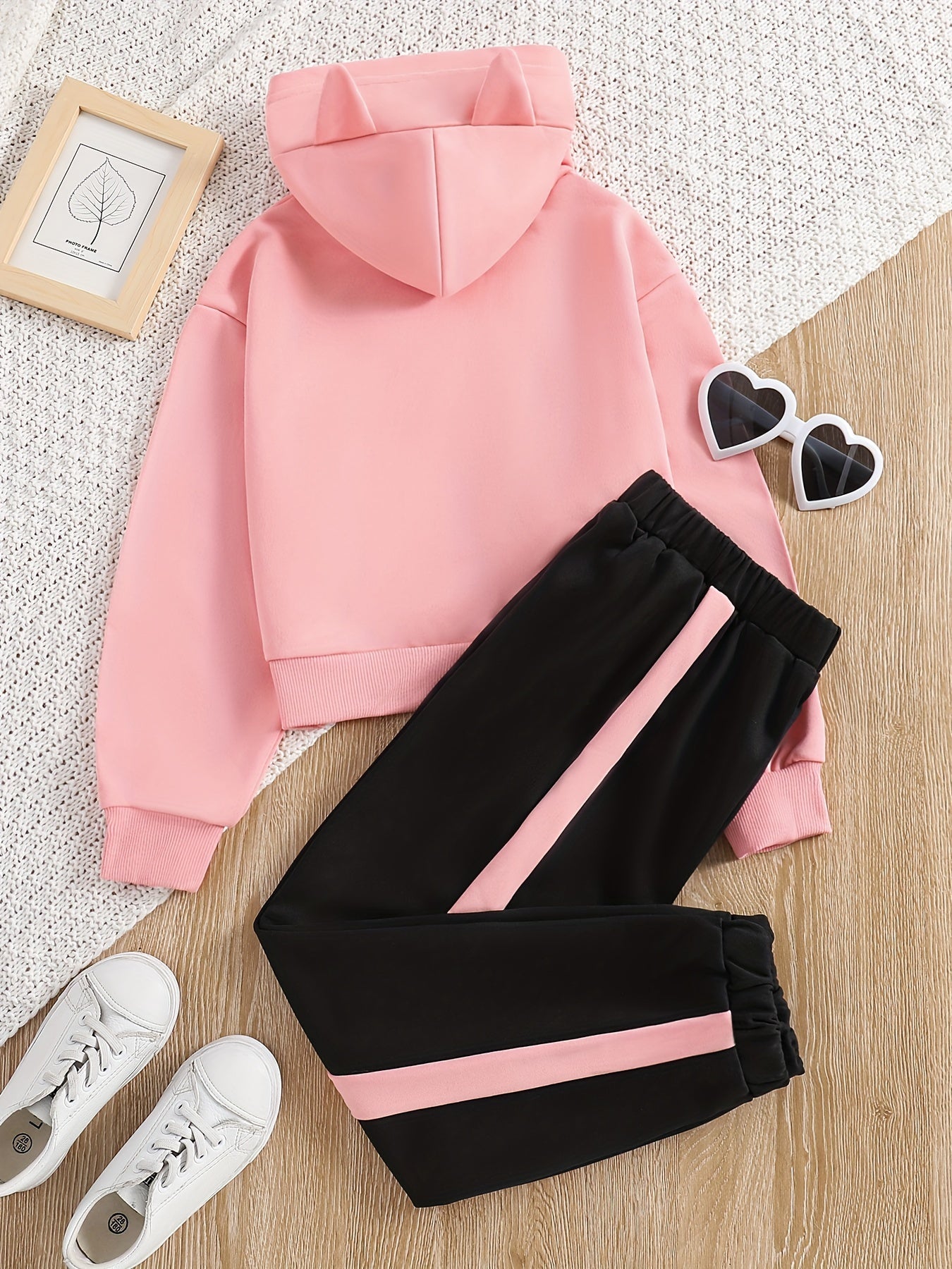 Girls' Letter and Cat Print Hoodie Sweatshirt Set, Spring/Autumn Casual Sportswear Two-Piece for Kids (Medium/Large), Perfect for Outdoor