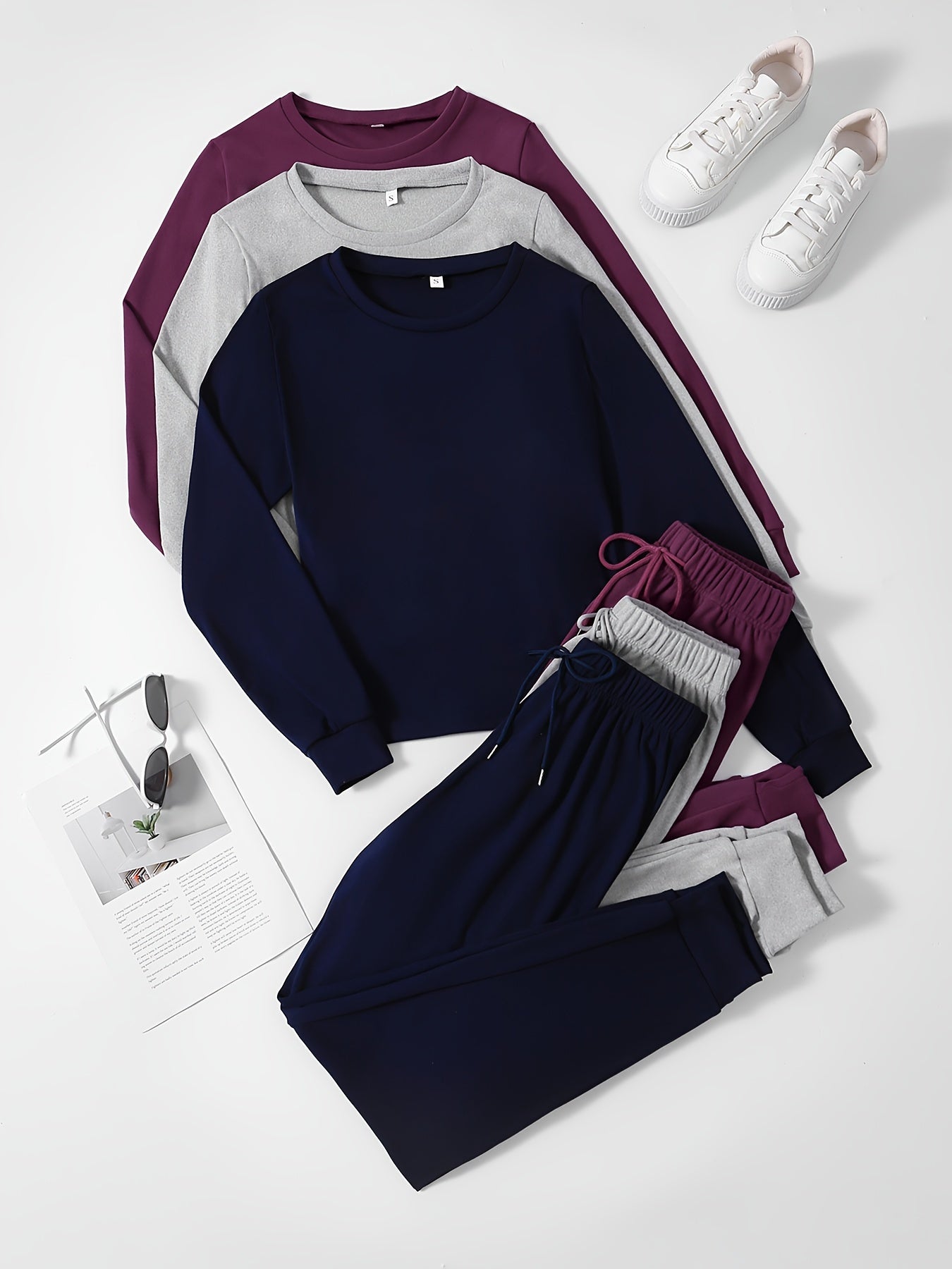 3 Sets Of Women's Activewear Tracksuits, Velvet Fabric, Long Sleeve Tops And Drawstring Pants, Casual Sportswear, Multiple Colors
