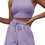 2-Piece Women's Casual Sportswear Set - Comfy Ribbed-Knit Crop Top & Adjustable Drawstring Shorts - Versatile Sleeveless Outfit for Outdoor Activities