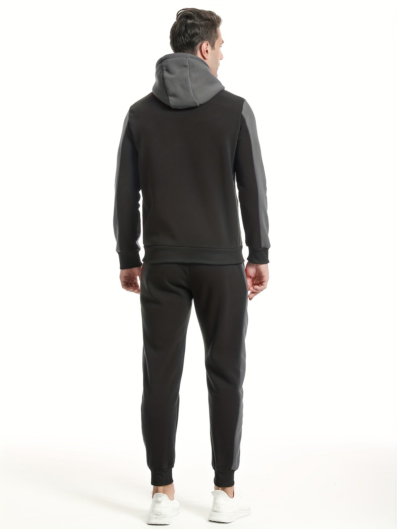 Two-Piece Color Block Men's Casual Sportswear Hoodie Set, Zip-Up Drawstring Jogging Suit For All Seasons