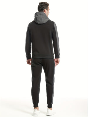 Two-Piece Color Block Men's Casual Sportswear Hoodie Set, Zip-Up Drawstring Jogging Suit For All Seasons
