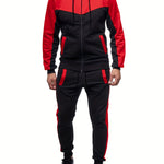 Two-Piece Color Block Men's Casual Sportswear Hoodie Set, Zip-Up Drawstring Jogging Suit For All Seasons