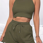 2-Piece Women's Casual Sportswear Set - Comfy Ribbed-Knit Crop Top & Adjustable Drawstring Shorts - Versatile Sleeveless Outfit for Outdoor Activities