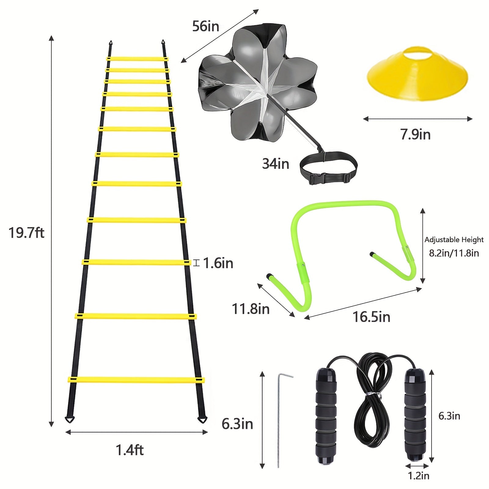 42pcs Agility Ladder Football Training Equipment Set Include 4 Agility Hurdles 24 Cones Running Parachute 12ft Ladder