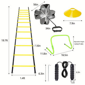 42pcs Agility Ladder Football Training Equipment Set Include 4 Agility Hurdles 24 Cones Running Parachute 12ft Ladder