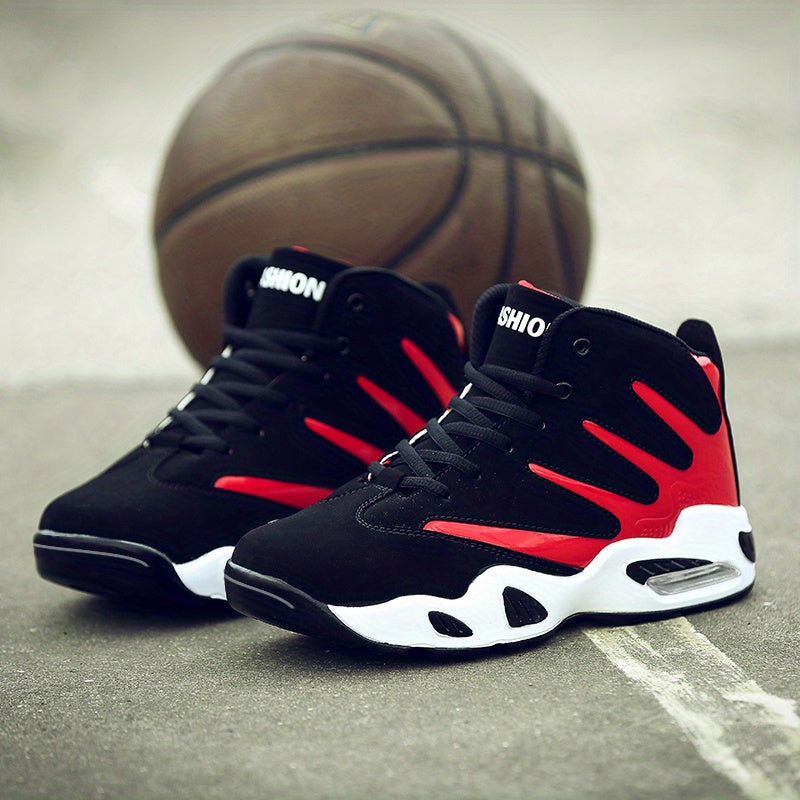 Men's Professional Basketball Shoes, Comfy High Top Breathable Non Slip Shock Absorption Lace Up Air Cushion Sneakers For Training Running Walking